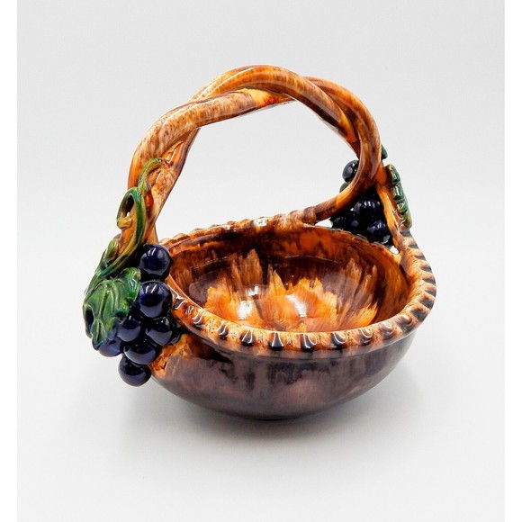 St Peter Graz Majolica Handmade Pottery Handled Basket Grapes Fruit Austria